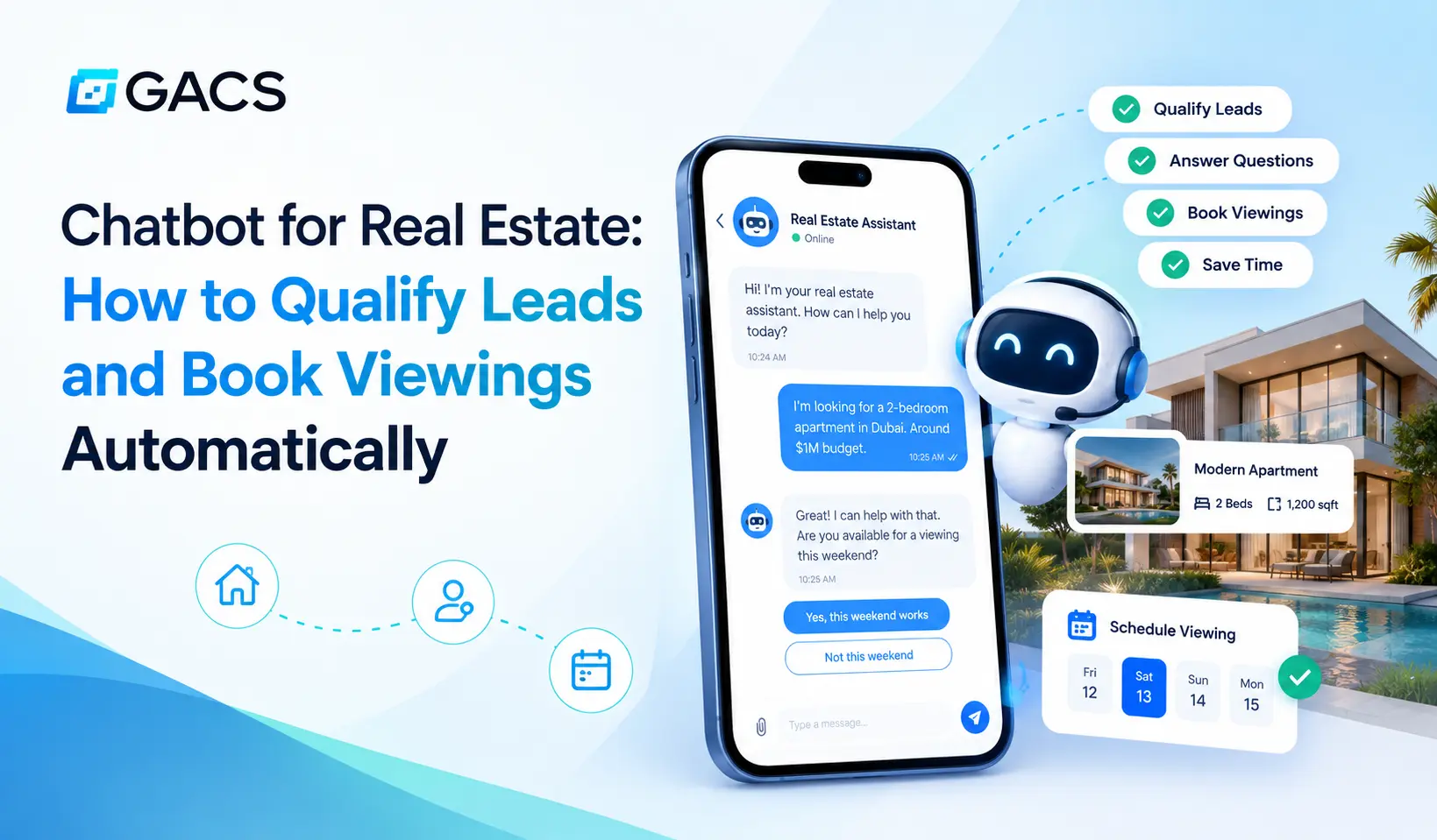 AI chatbot qualifying a real estate lead and collecting viewing times on a property website